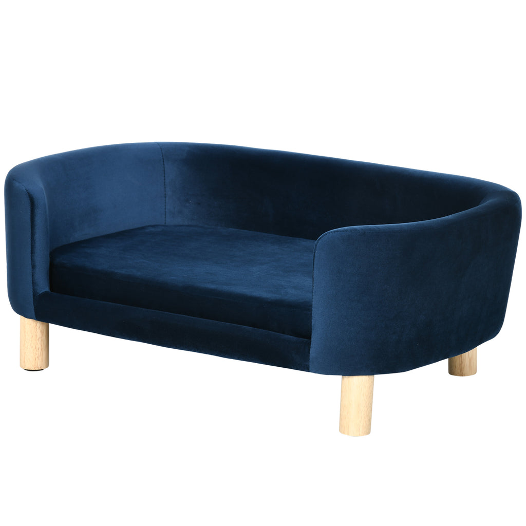 Sofa šunims ir katėms su atlošu ir porankiais, aksominė, medinėmis kojelėmis, iki 10 kg, 86x55x33 cm, tamsiai mėlyna