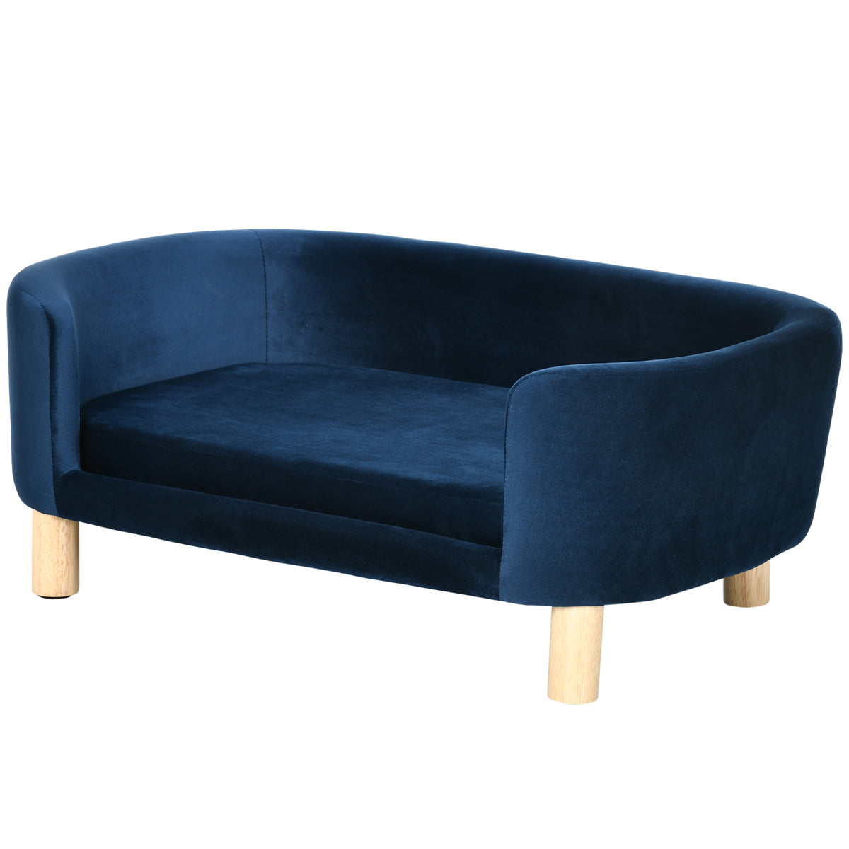 Sofa šunims ir katėms su atlošu ir porankiais, aksominė, medinėmis kojelėmis, iki 10 kg, 86x55x33 cm, tamsiai mėlyna