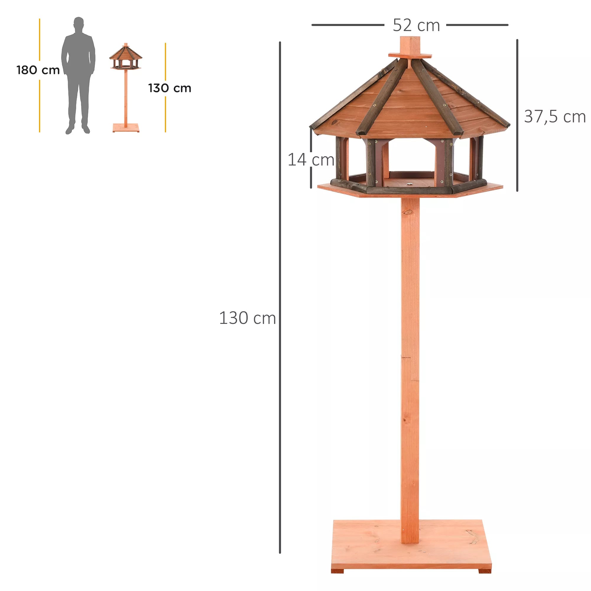 Paukščių namelis su stovu, atsparus oro sąlygoms paukščių lesykla su neperšlampamu stogu, medinė lesykla laukiniams paukščiams, Ø52 x 130A cm, natūrali