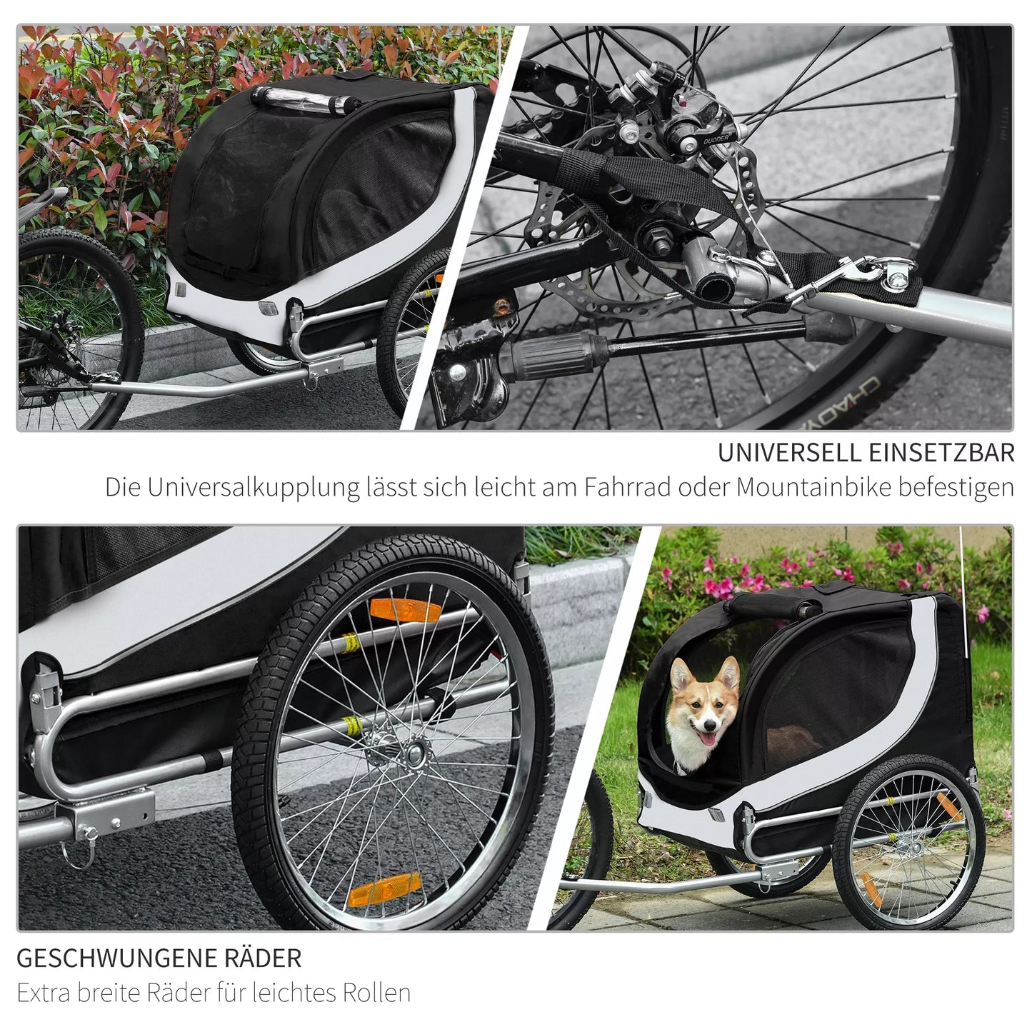 Dviračio priekaba šunims iki 20kg, tinklelio langas, suvyniojama danga, universali jungtis Balta+Juoda