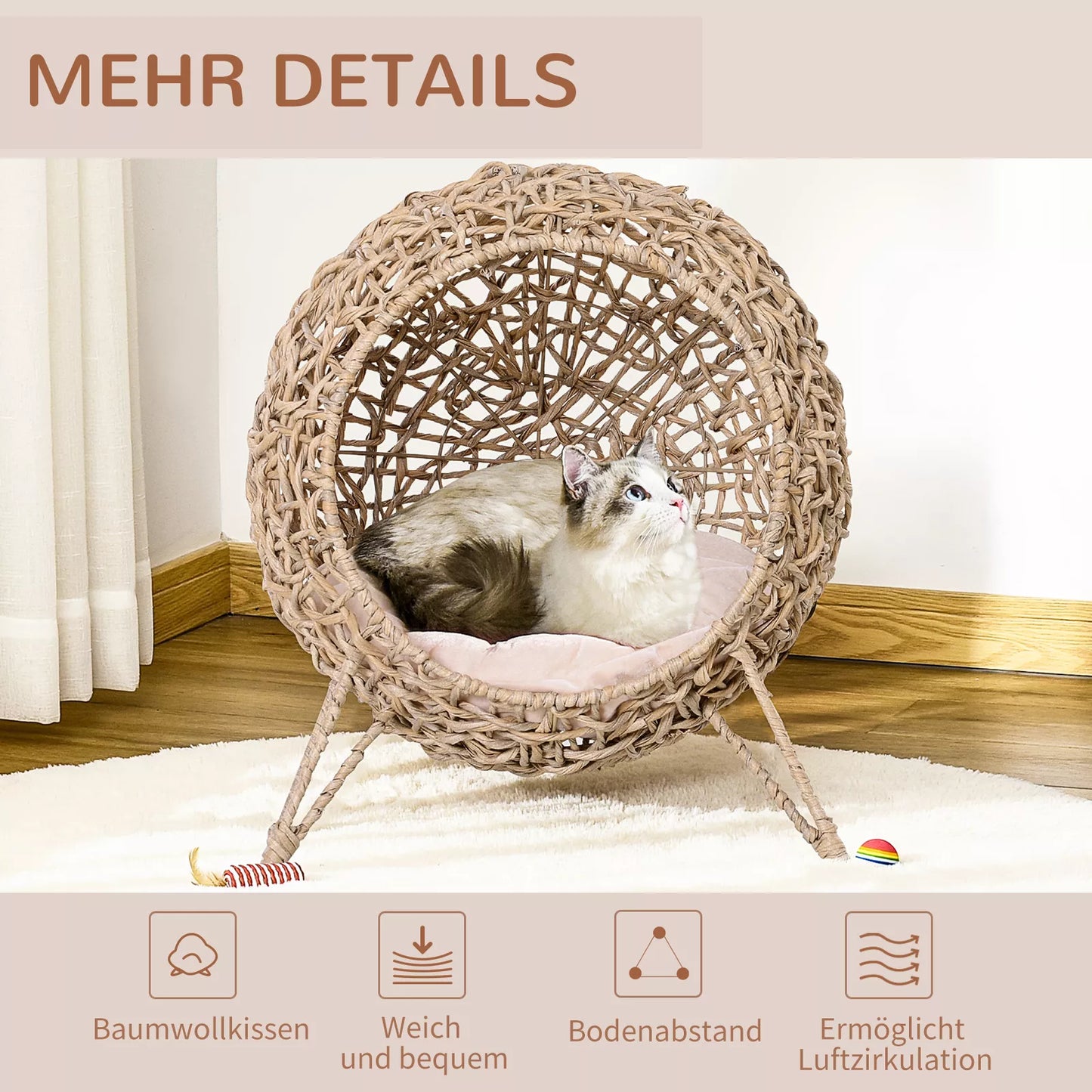 Rattan cat house with cushion, cat sleeping place, cat bed with raised legs, natural, Ø52 x 58 cm