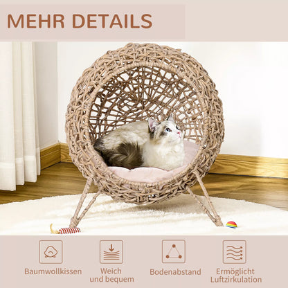 Rattan cat house with cushion, cat sleeping place, cat bed with raised legs, natural, Ø52 x 58 cm