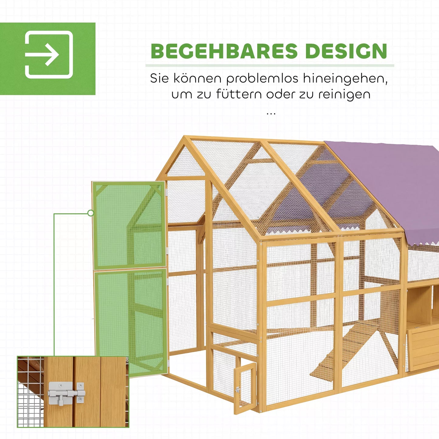 Vištidė iš medžio su laisvu išėjimu, saugumo spyna, durimis, 4 lizdiniais dėžutėmis, skirta 8–12 vištoms, maždaug 2,8 x 1,8 x 1,9 m, geltona
