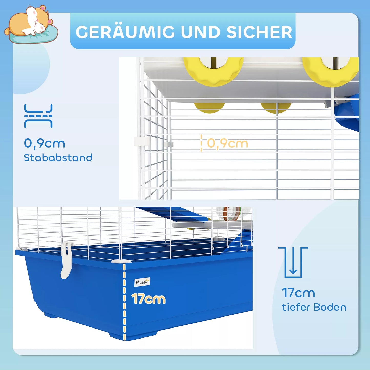 Narvas žiurkėnams su tuneliais ir priedais, 4 aukštų, 78x45x73 cm (mėlynas)