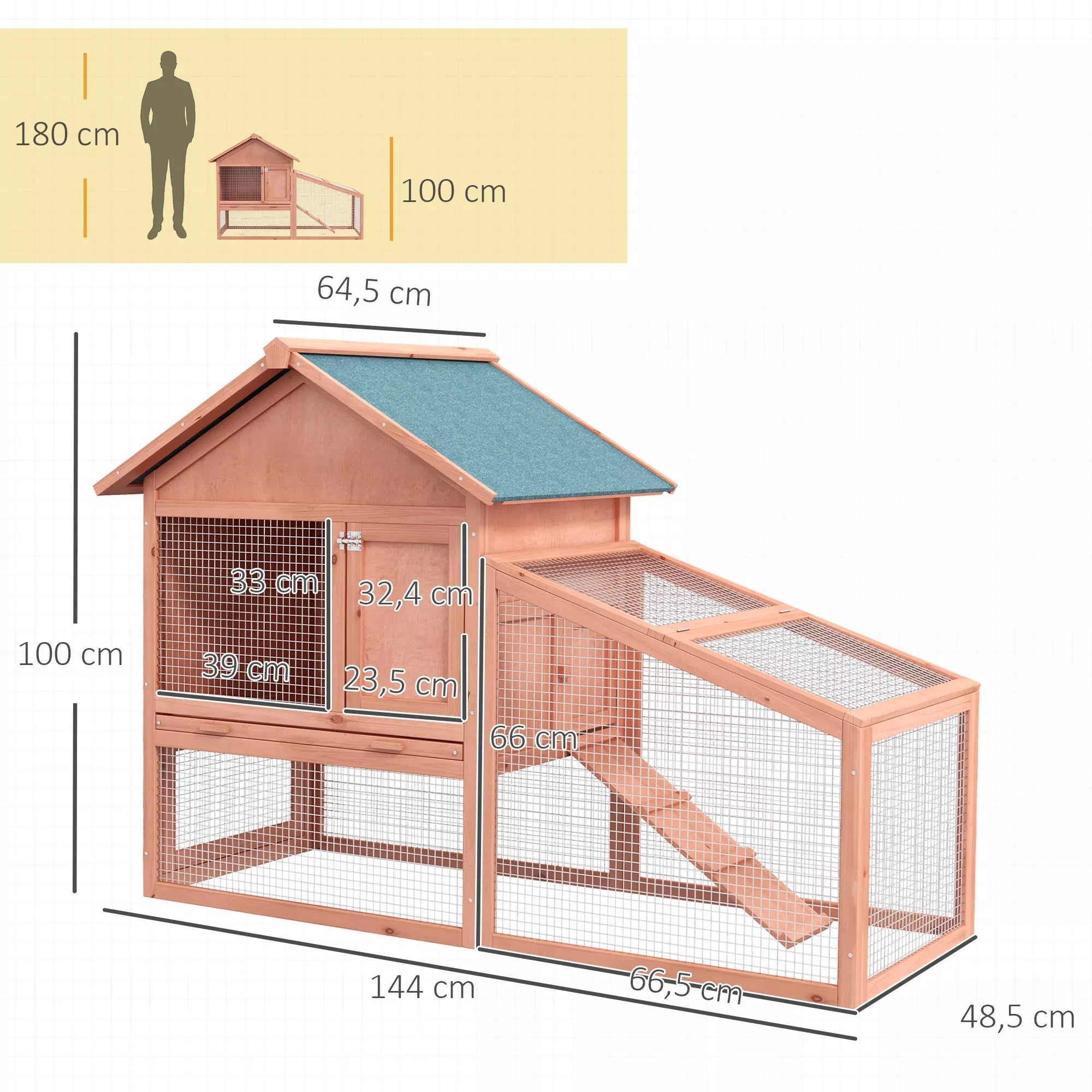Mažų gyvūnų narvas Mažų gyvūnų narvas su asfaltiniu stogu Laisvai judamasis aptvaras Dviaukštis Eglės mediena Natūralus 144 x 64,5 x 100 cm