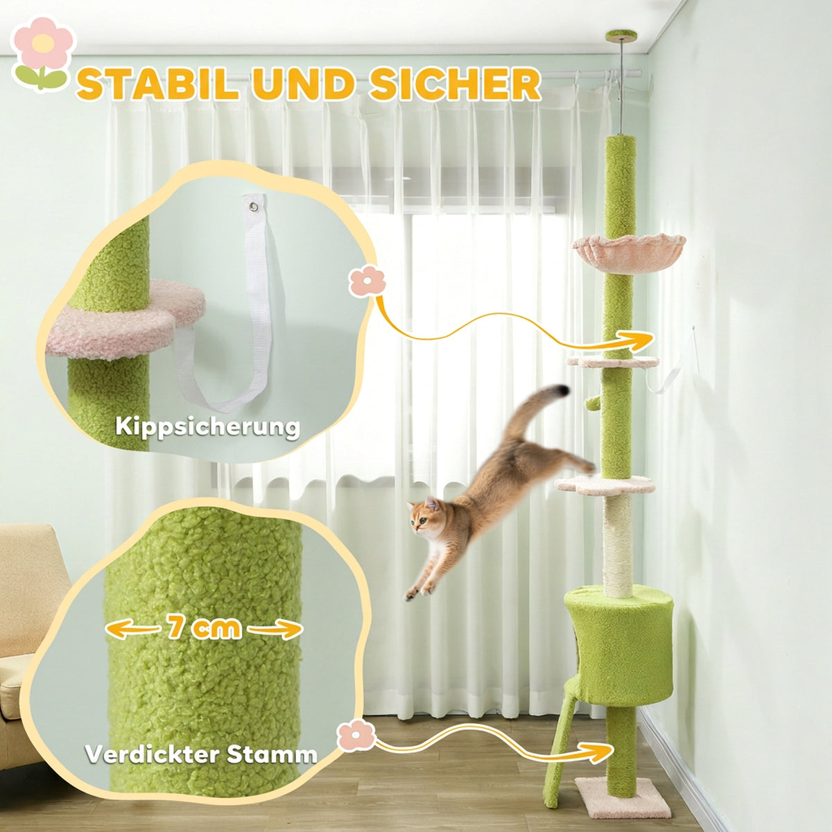 Draskyklė iki lubų 220–240 cm su nameliu, hamaku ir gėlių formos platformomis, 1–2 katėms iki 5 kg, žalia