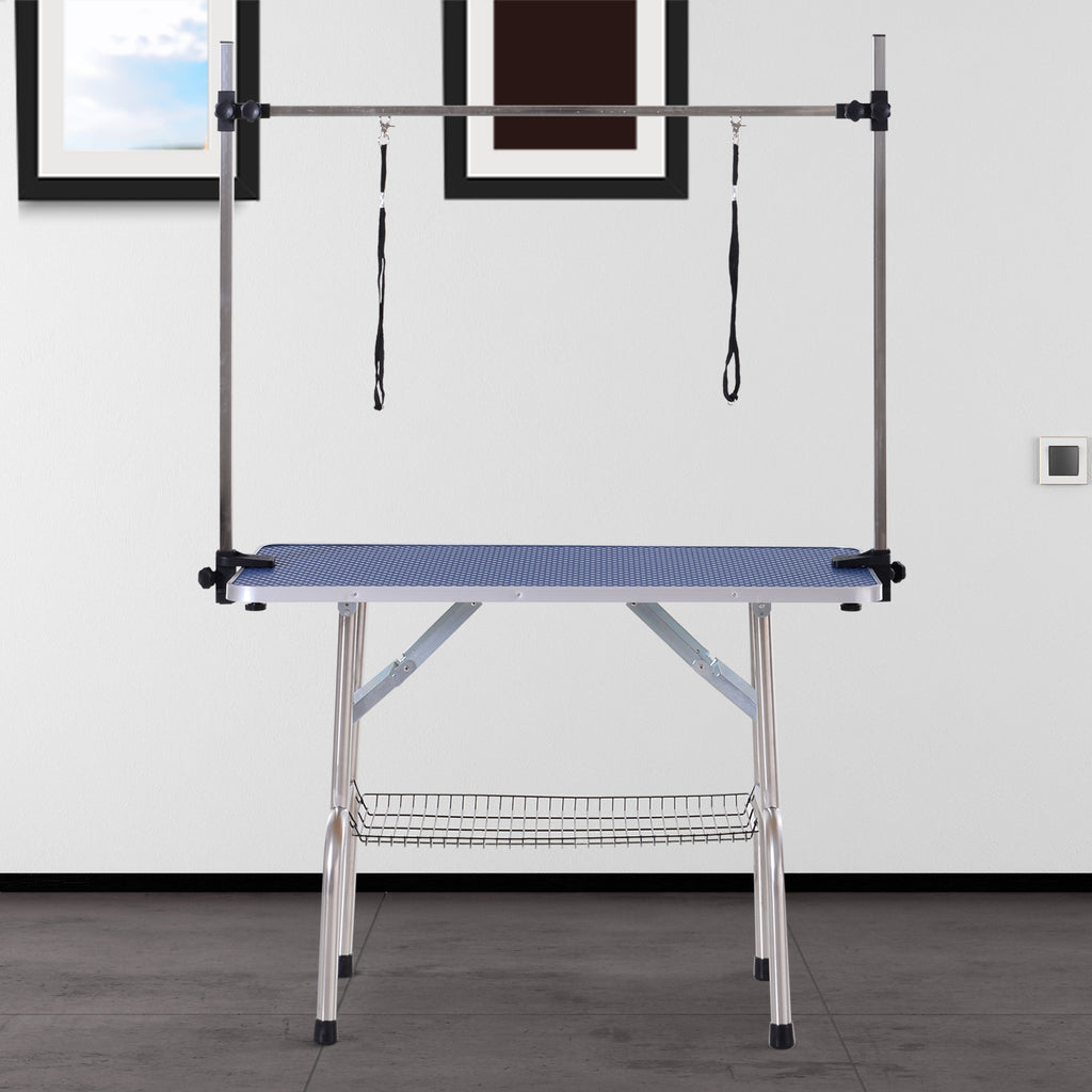 Kirpimo stalas šunims ir katėms 107x60 cm, sulankstomas, su laikikliu ir apatiniu krepšiu, iki 100 kg, mėlynas