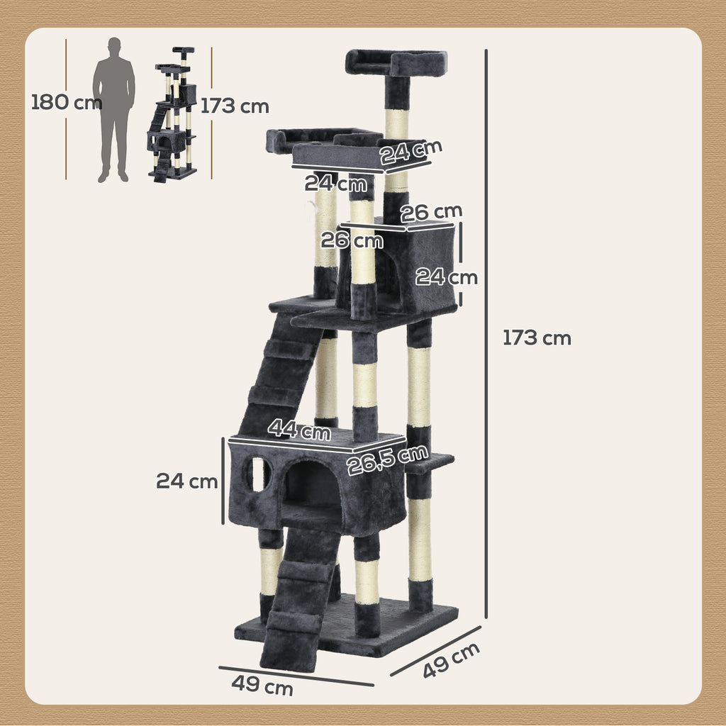 Draskyklė 173 cm su 2 nameliais, 3 gultais, kopėtėlėmis ir žaislais, sizalio stulpais, tamsiai pilka