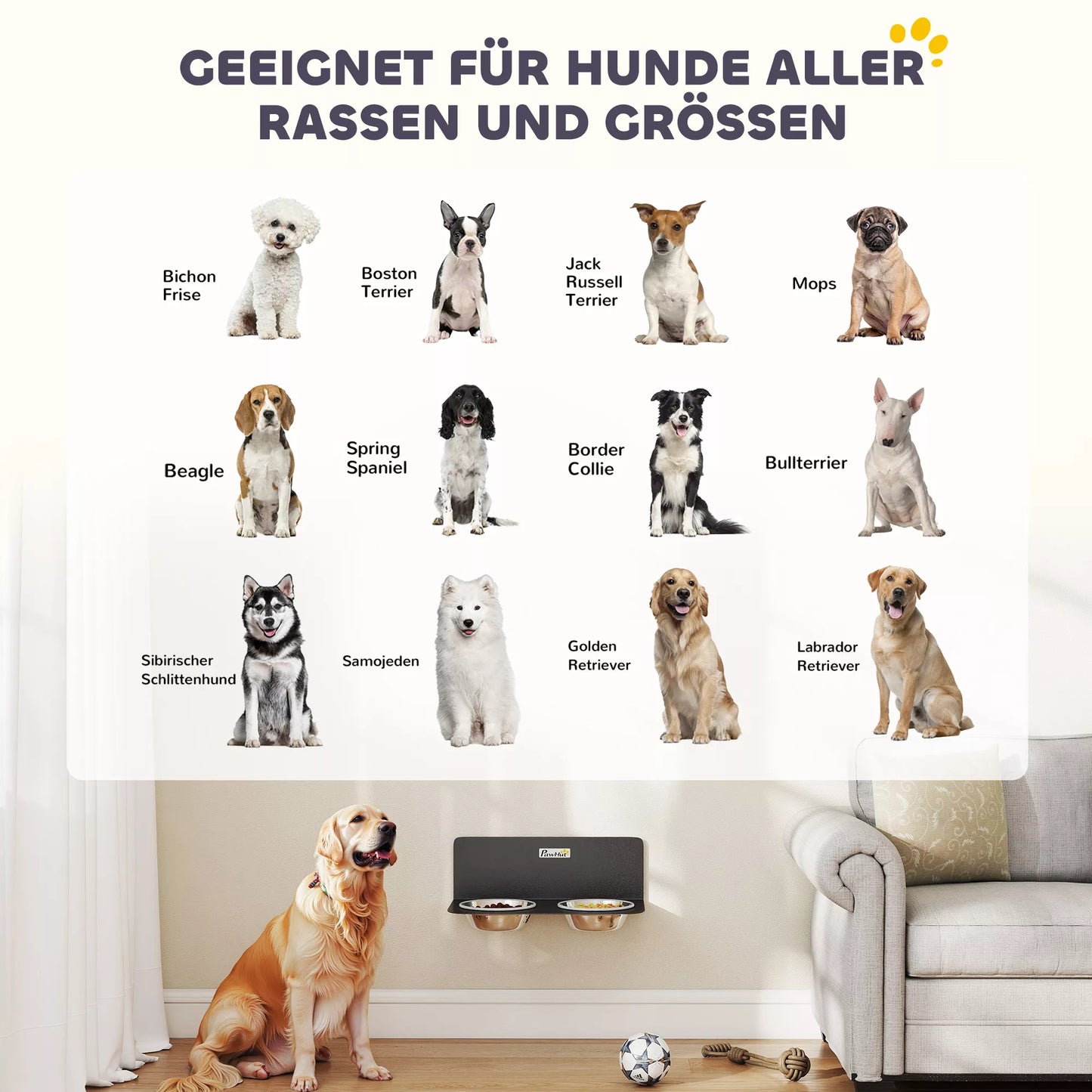 Šunų dubuo, reguliuojamo aukščio, sieninis dubuo su 2 x 800 ml nerūdijančio plieno dubenėliais, 42 x 23,5 x 14 cm, juodos spalvos