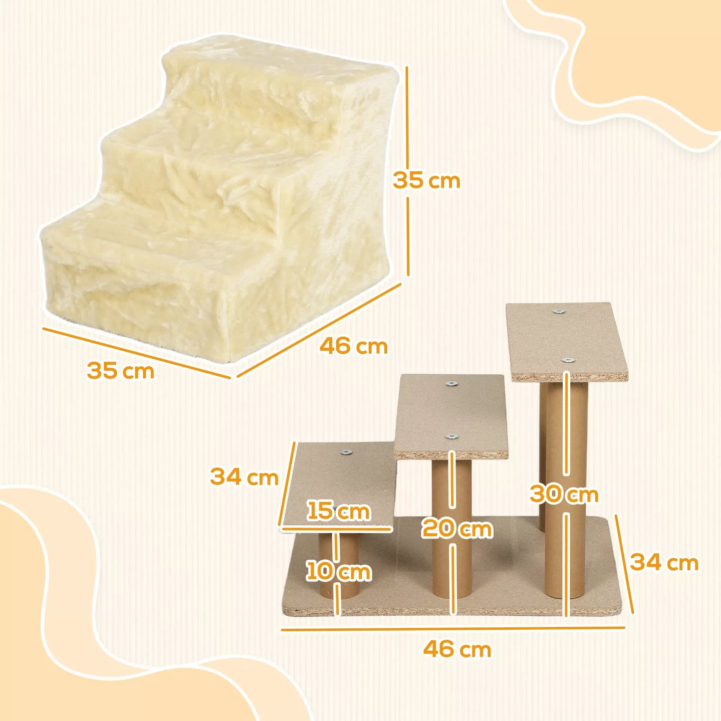 Sulankstomi 3 pakopų laipteliai gyvūnėliams, su plaunamu pliušiniu užvalkalu, iš medžio drožlių plokštės, 46 x 35 x 35 cm, smėlio spalvos