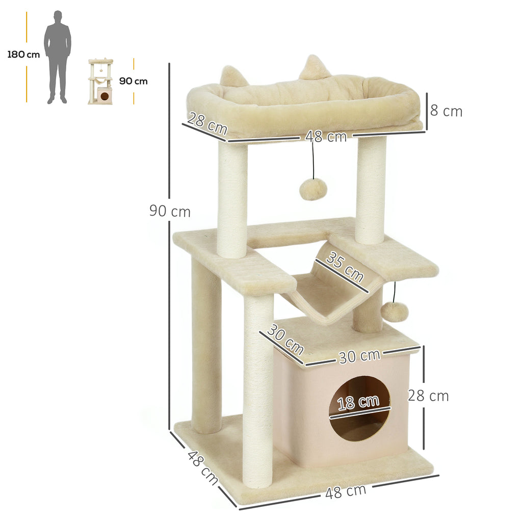 Draskyklė 90 cm su nameliu, hamaku, guoliu, pakyla ir kamuoliuku, katėms iki 4 kg, kreminė