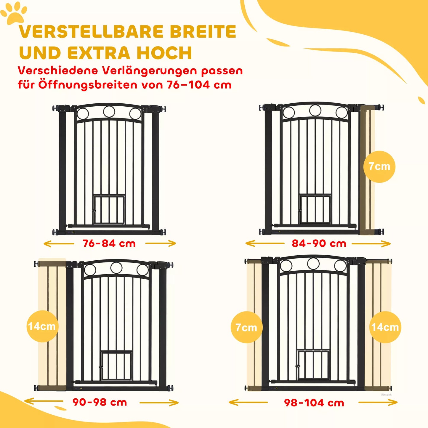 Mājdzīvnieku vārtiņi, 96 cm kāpņu drošības vārtiņi, regulējams platums 76-104 cm, ar kaķu durvīm, kāpnēm un durvju ailēm, melni