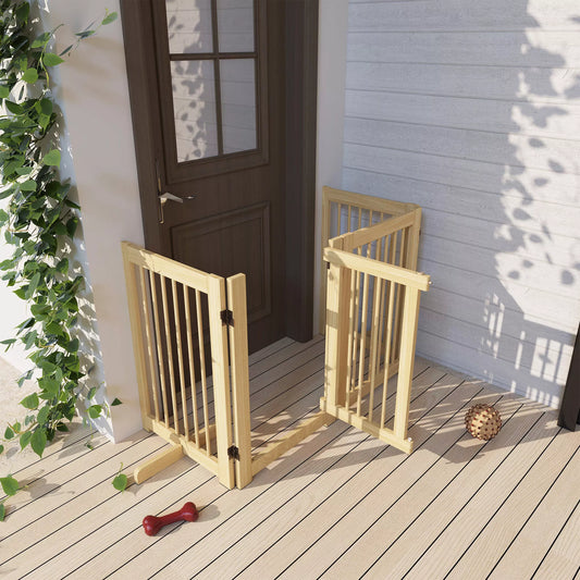 Laisvai statomi šunų aptvarai, 4 skydeliai, lankstūs, pušies mediena, 204 ilgis x 36 plotis x 75 aukštis cm, natūrali mediena