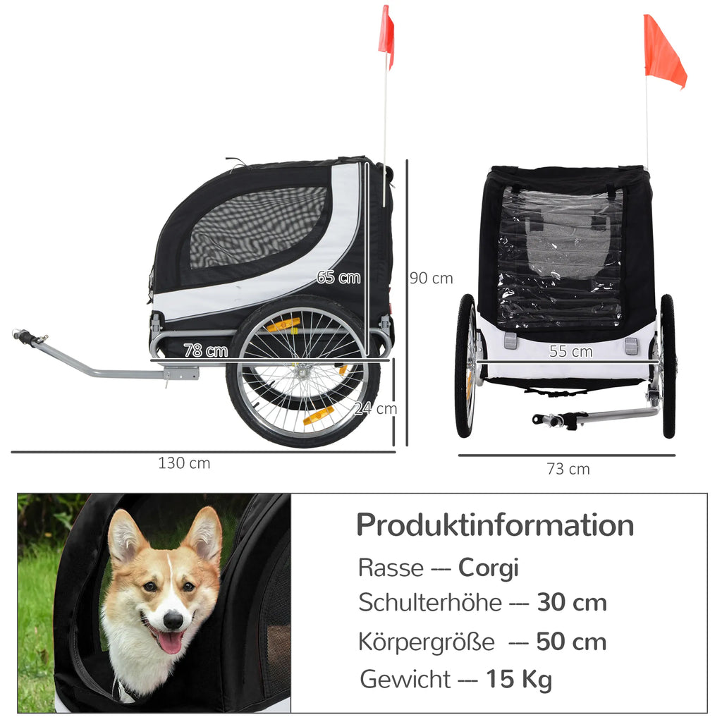 Dviračio priekaba šunims iki 20kg, tinklelio langas, suvyniojama danga, universali jungtis Balta+Juoda
