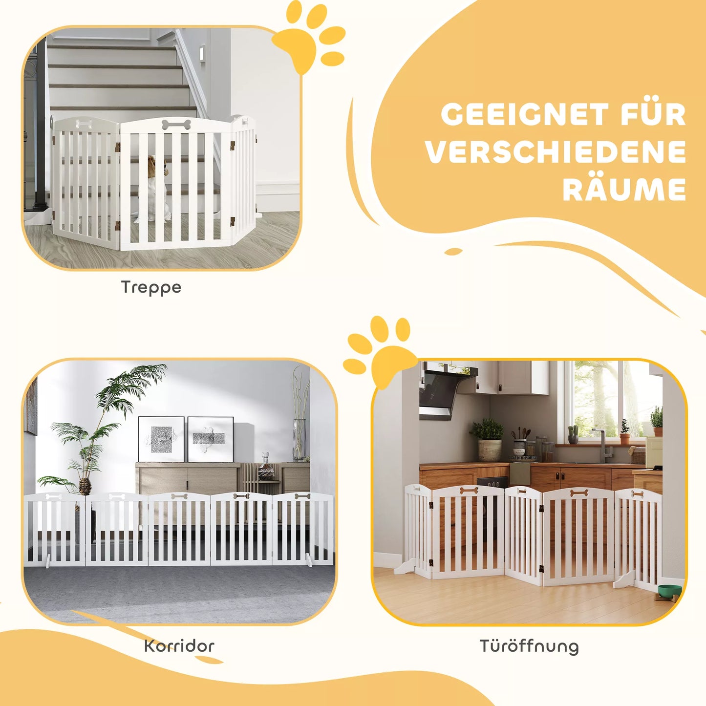 Laisvai stovinti šunų grotelė su atraminėmis kojomis, skirta durų rėmams, koridoriui, laiptams, 258 x 30 x 61 cm, balta