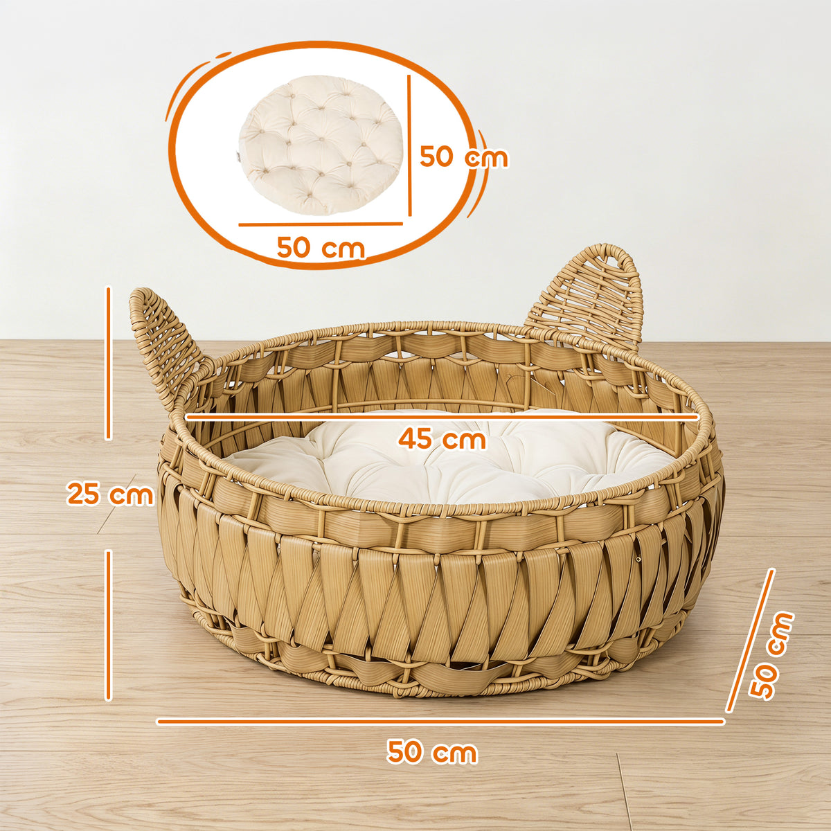 Rotango guolis katėms su nuimama pagalvėle, katės galvos formos, iki 10 kg, 50x50x25 cm, šviesiai rudas
