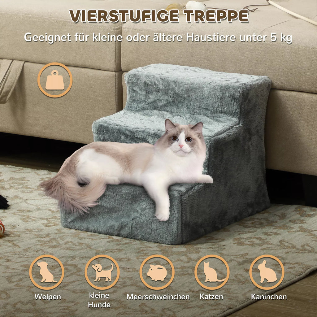 Sulankstomos naminių gyvūnėlių laipteliai, 3 pakopos, su skalbiamu pliušiniu užvalkalu, medžio drožlių plokštė, 46 x 35 x 35 cm, šviesiai pilka