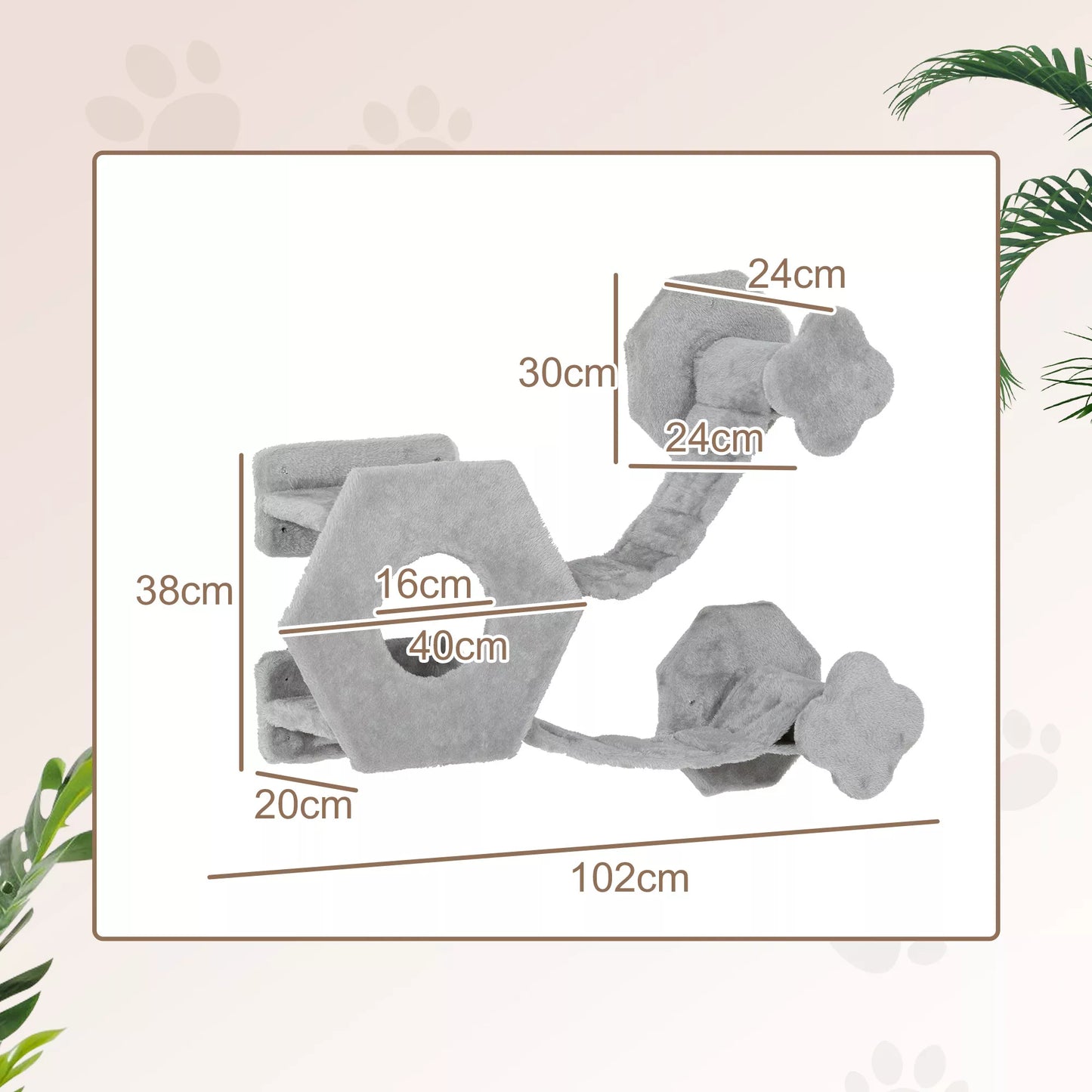 Katės laipiojimo siena, su nameliu, kopėtėlėmis, žaidimo kamuoliuku, erdvę taupanti, šviesiai pilka