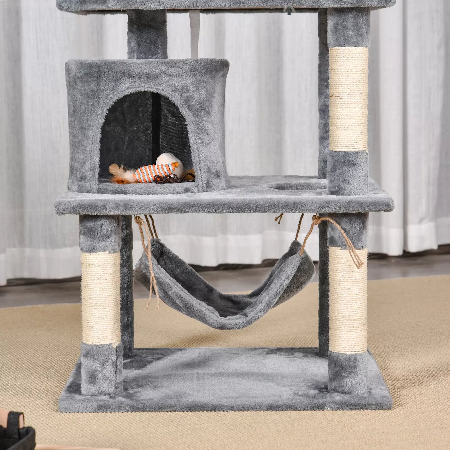 Katės nagų galandimo medis, didelis, 145 cm, katės medis su hamaku, laipiojimo medis katėms, katės nagų galandimo medis su urvu, katės baldai su sizalio kamienais, šviesiai pilkos spalvos