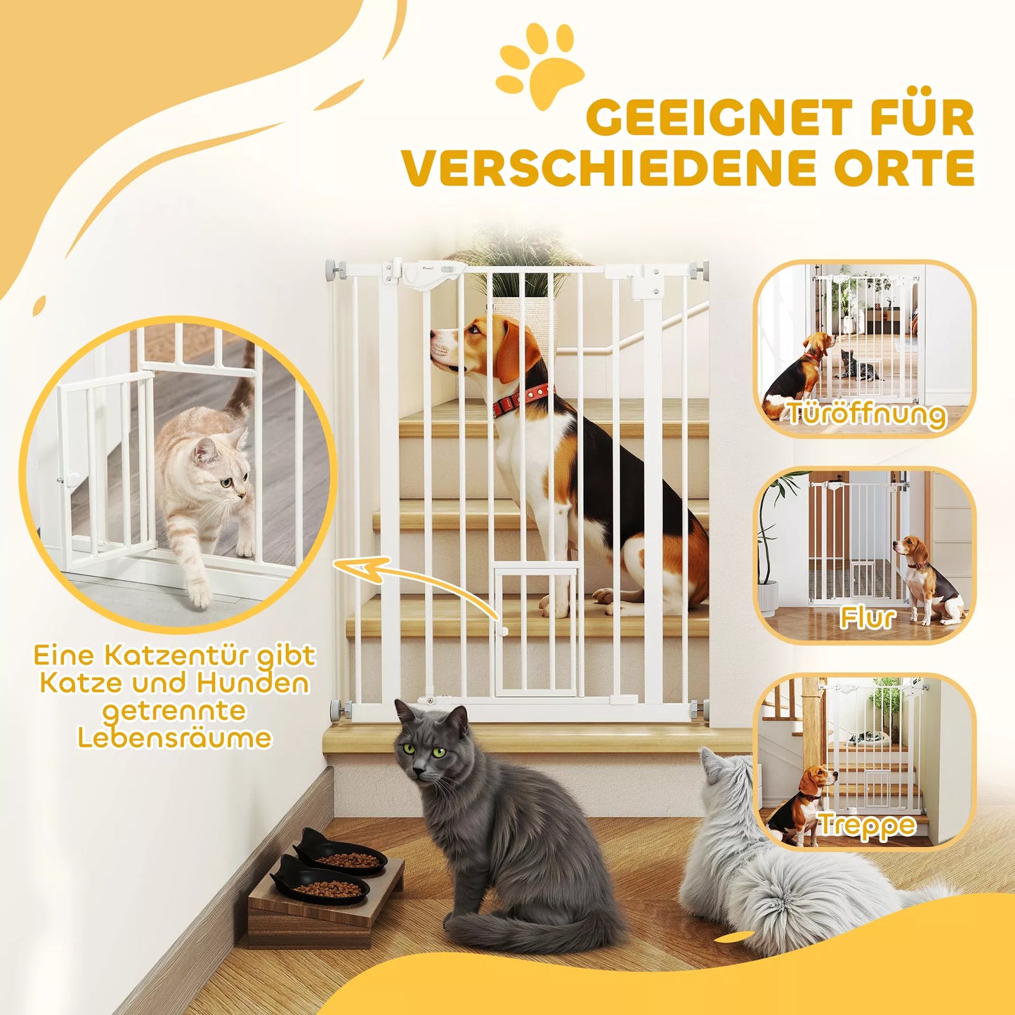 Apsauginiai varteliai su kačių durelėmis, montuojami be gręžimo, reguliuojamo pločio 74-80 cm, atidaromi viena ranka, metaliniai, balti