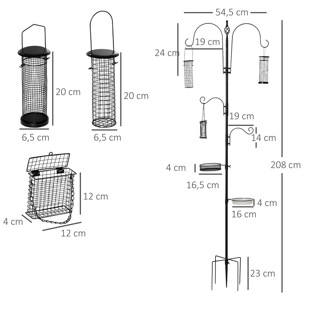 Putnu barotavas komplekts no tērauda, ​​augstums 208 cm, ar 4 āķiem, putnu dzirdinātava, barošanas šķīvis, pilns barošanas kāts, barošanas stacija, melna