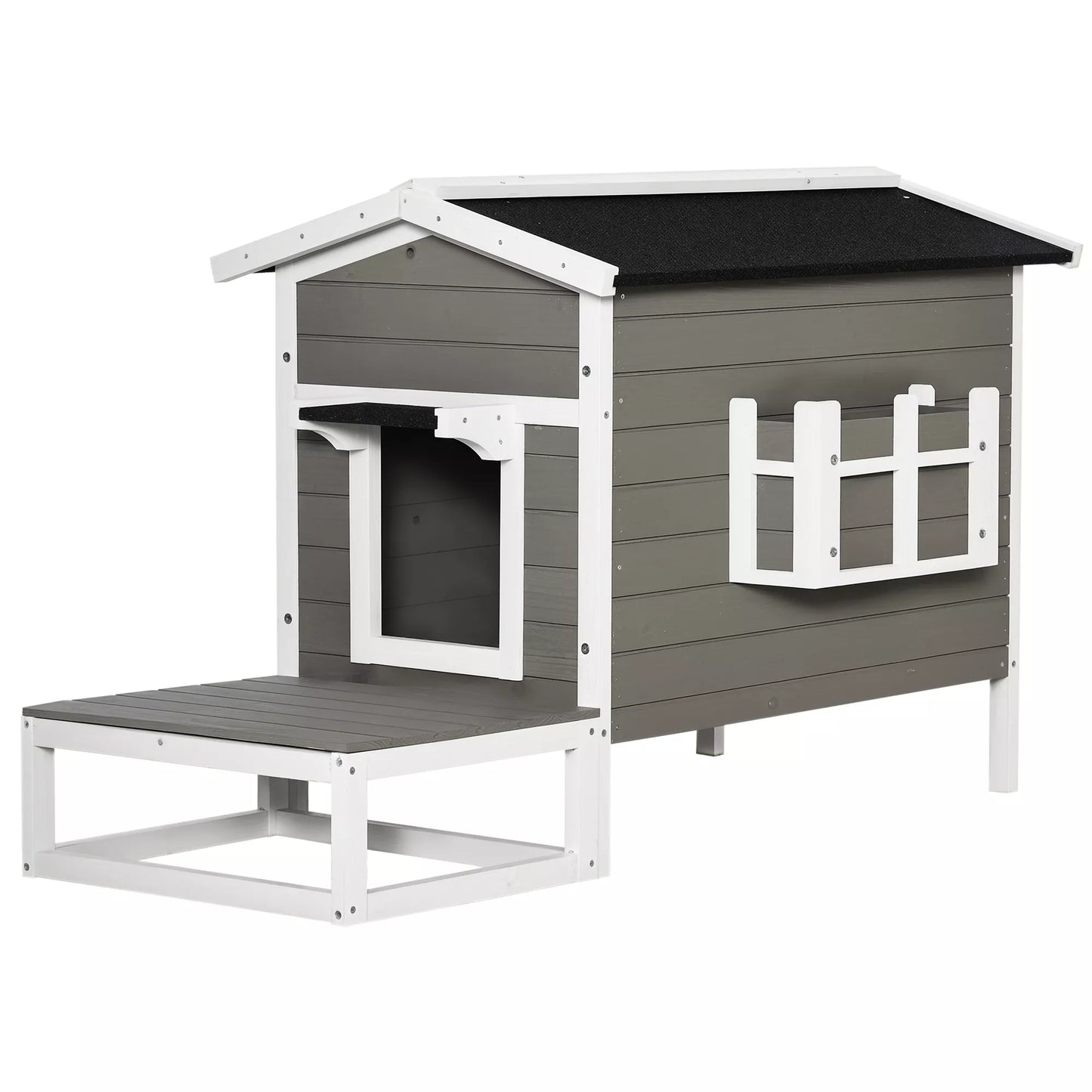Medinis kačių namelis su terasa ir bituminiu stogu, lauko namas katėms, 115x66,5x74,7 cm, pilkas/baltas