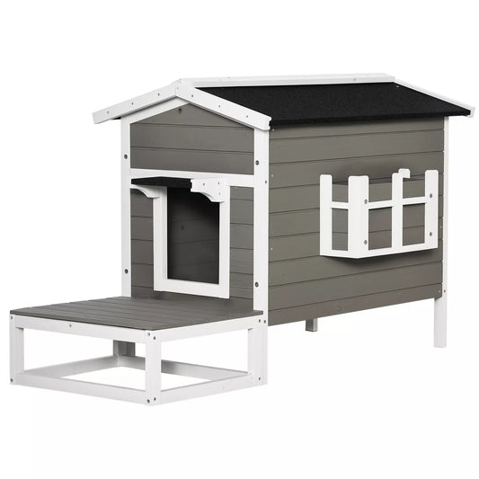 Medinis kačių namelis su terasa ir bituminiu stogu, lauko namas katėms, 115x66,5x74,7 cm, pilkas/baltas