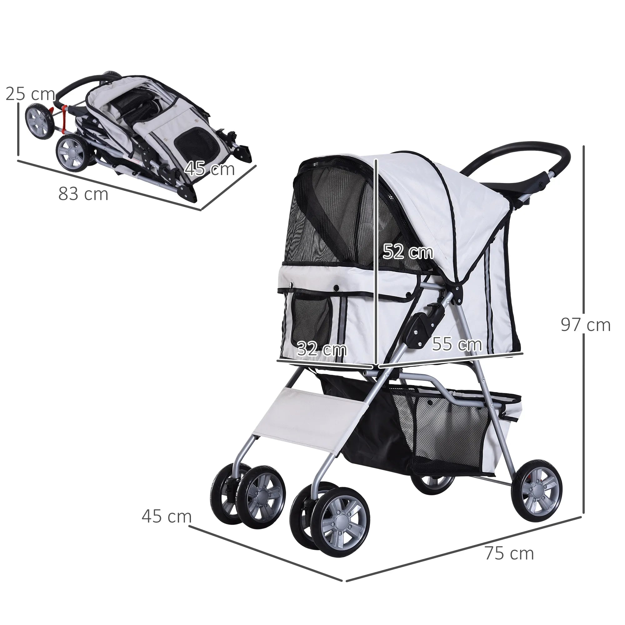 Suņu ratiņi līdz 10 kg, salokāmi, regulējams jumtiņš, 2 krūzīšu turētāji, sudrabkrāsas