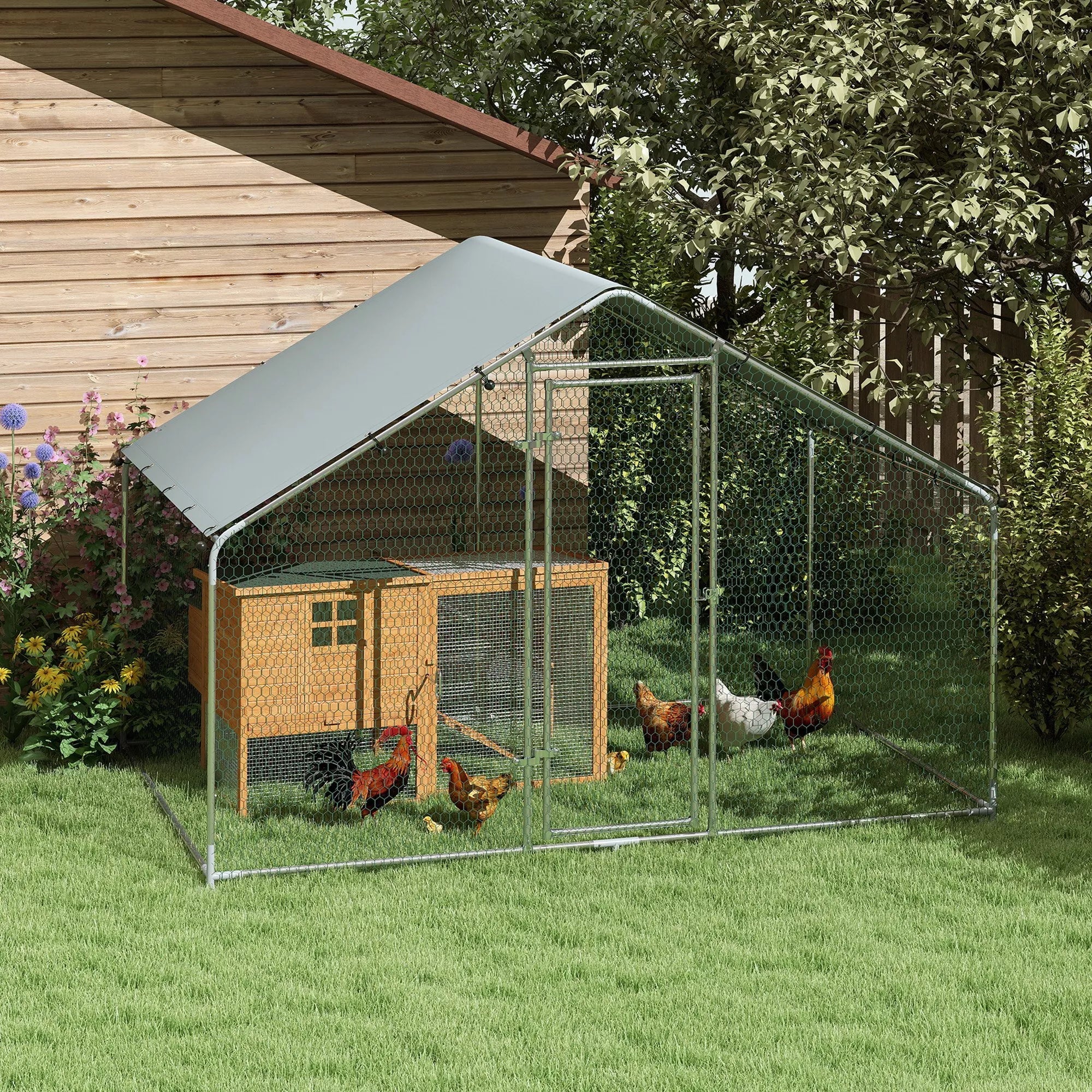 Vištidė 5–8 vištoms, stoginis tentas, užrakinamos durys, plieninis rėmas, 5,1 m², 3 x 1,7 x 1,9 m