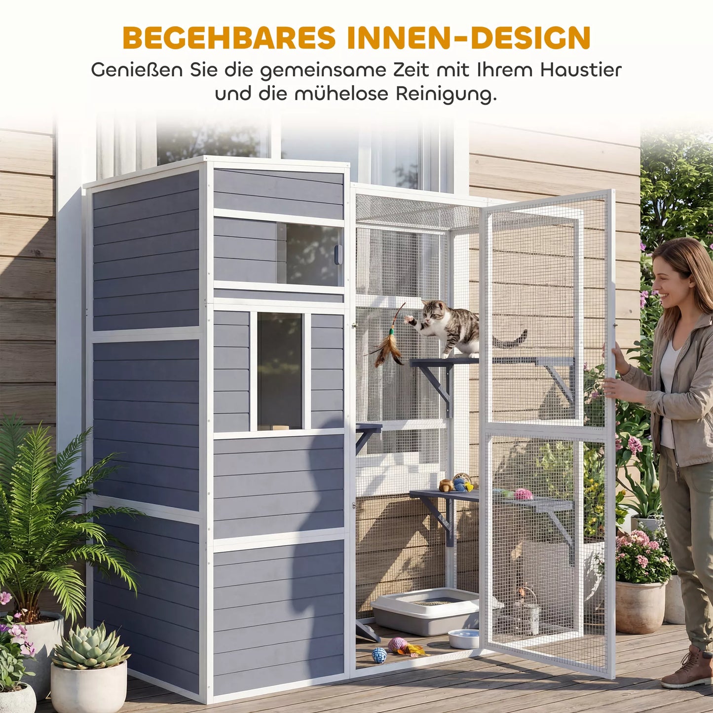 Katės aptvaras Lauko katės namelis iš medžio su 3 platformomis, atsparus atmosferos poveikiui Stogas Poilsio zona 3–4 katėms iki 10 kg Pilkos spalvos