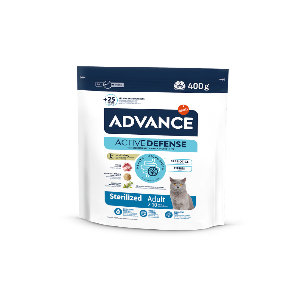 Advance Sterilized Adult Sausas maistas sterilizuotoms suaugusioms katėms su kalakutiena ir miežiais – 0.4 kg