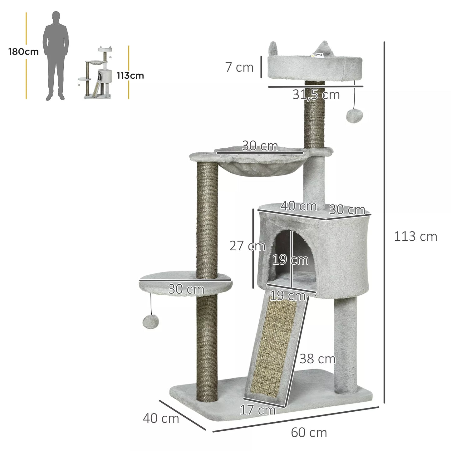 Kaķu skrāpēšanas stabs ar spilvenu, gultu, šūpuļtīklu un rotaļlietām 60 cm x 40 cm x 113 cm, gaiši pelēks