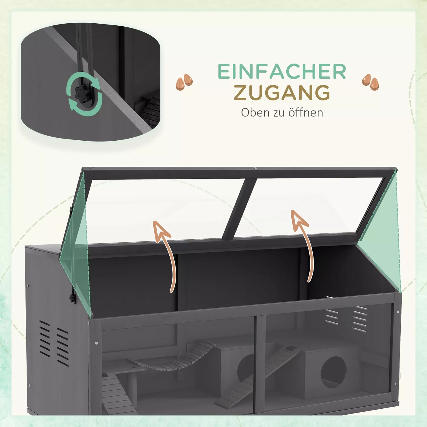 Smulkaus gyvūnėlio ir graužikų narvas su priedais, eglės mediena, 100 cm x 52 cm x 50 cm, pilkas