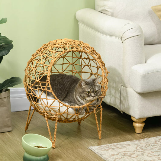 Pawhut Rattan Cat Bed with Bed, House and Cushion, Raised Structure, Brown Pet Bed, Ø45 x 57A cm