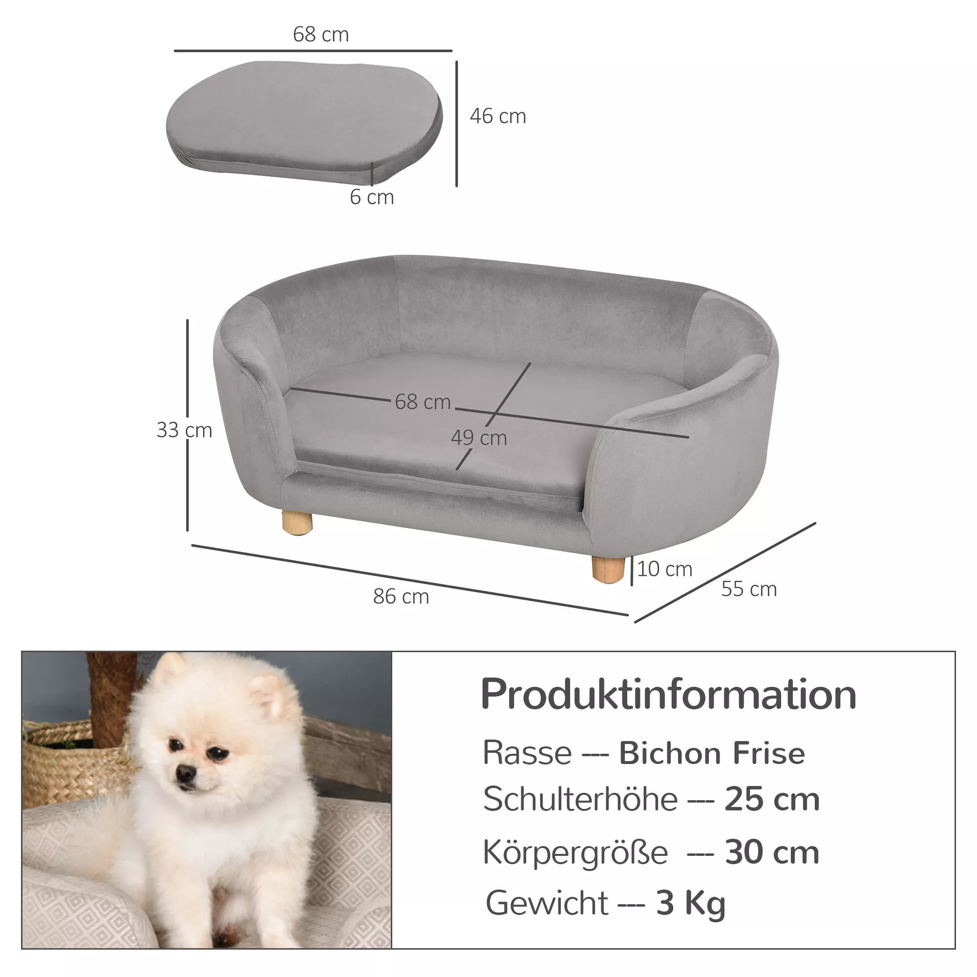 Sofa augintiniams, šunų sofa, šunų lova su olandišku aksomu, putplasčiu ir beržo kojelėmis katėms ir šunims, 86 x 55 x 33 cm, šviesiai pilka