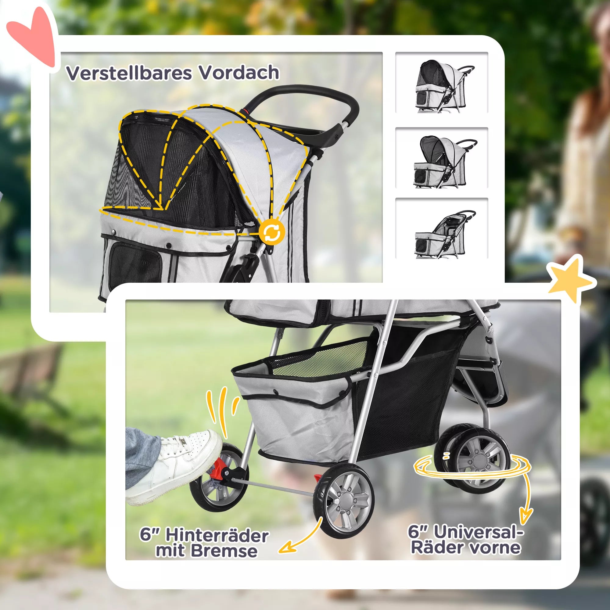 Suņu ratiņi līdz 10 kg, saliekami, ar apakšējo grozu, 2 krūzīšu turētājiem, regulējamu jumtiņu, pelēki