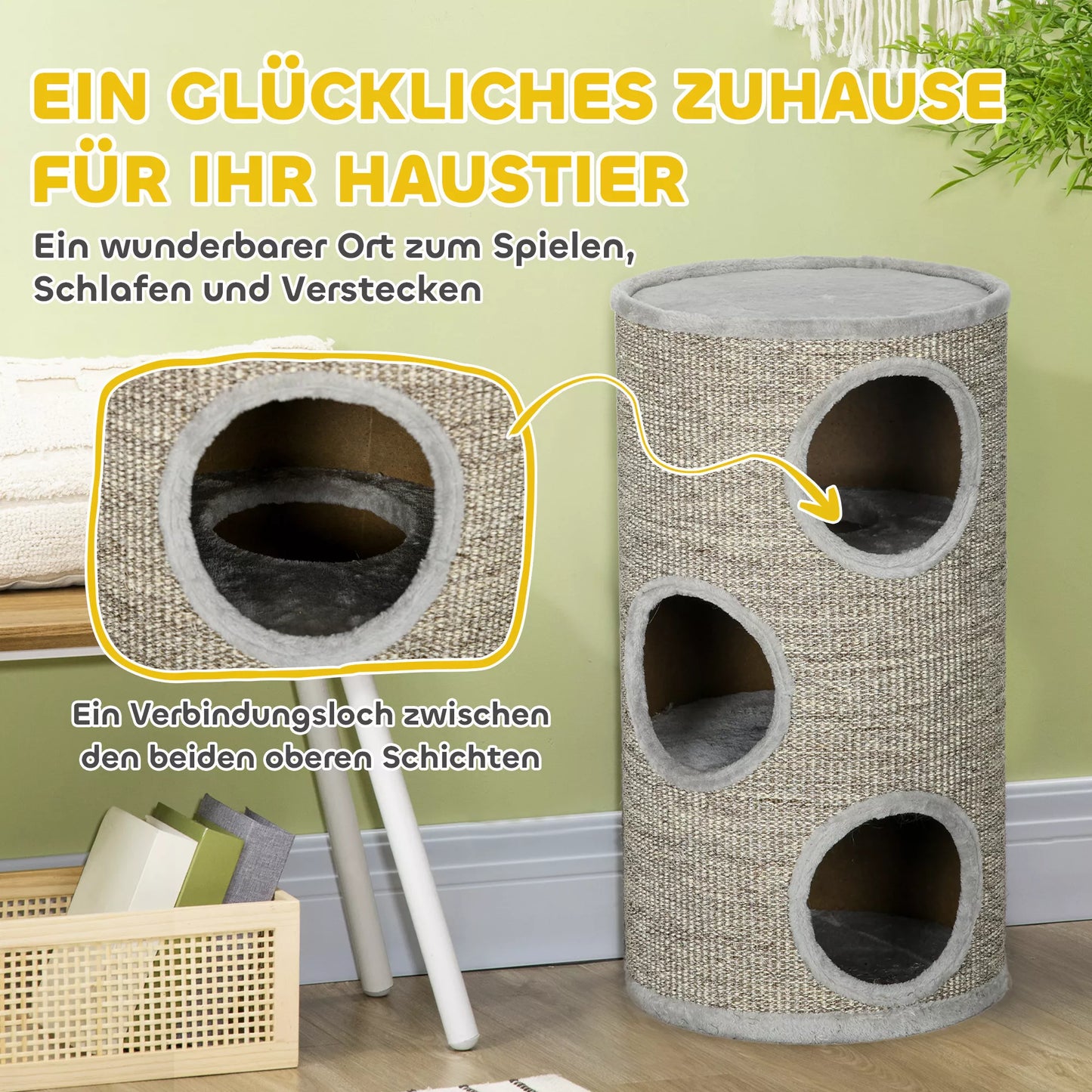 Katės draskomasis vamzdis su 3 lygiais, įsk. draskomasis paviršius iš sizalio virvės, katės draskomasis vamzdis, 38 cm x 38 cm x 70 cm, šviesiai pilkas