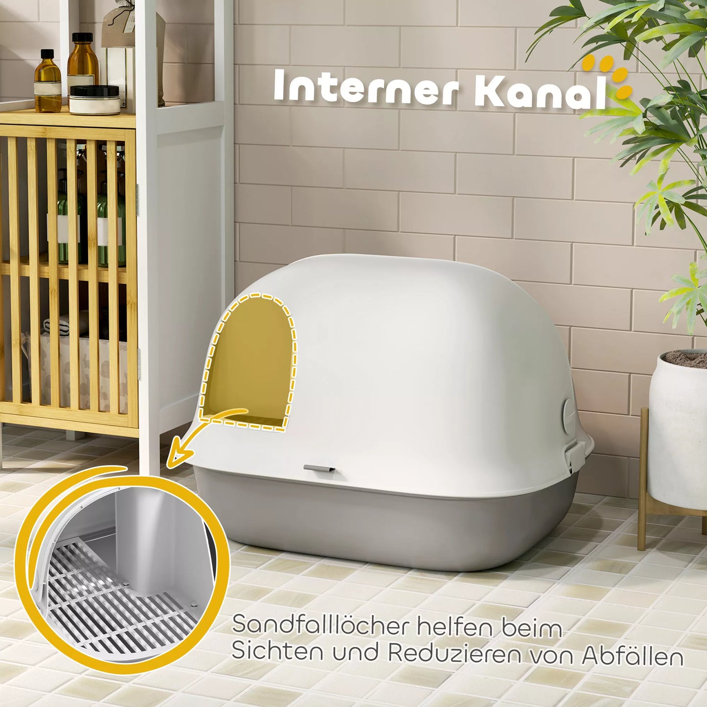 Katės tualetas su dangčiu ir vidiniu lataku, durelėmis, kastuvėliu, lengvai valomas, plastikas, šviesiai pilkas