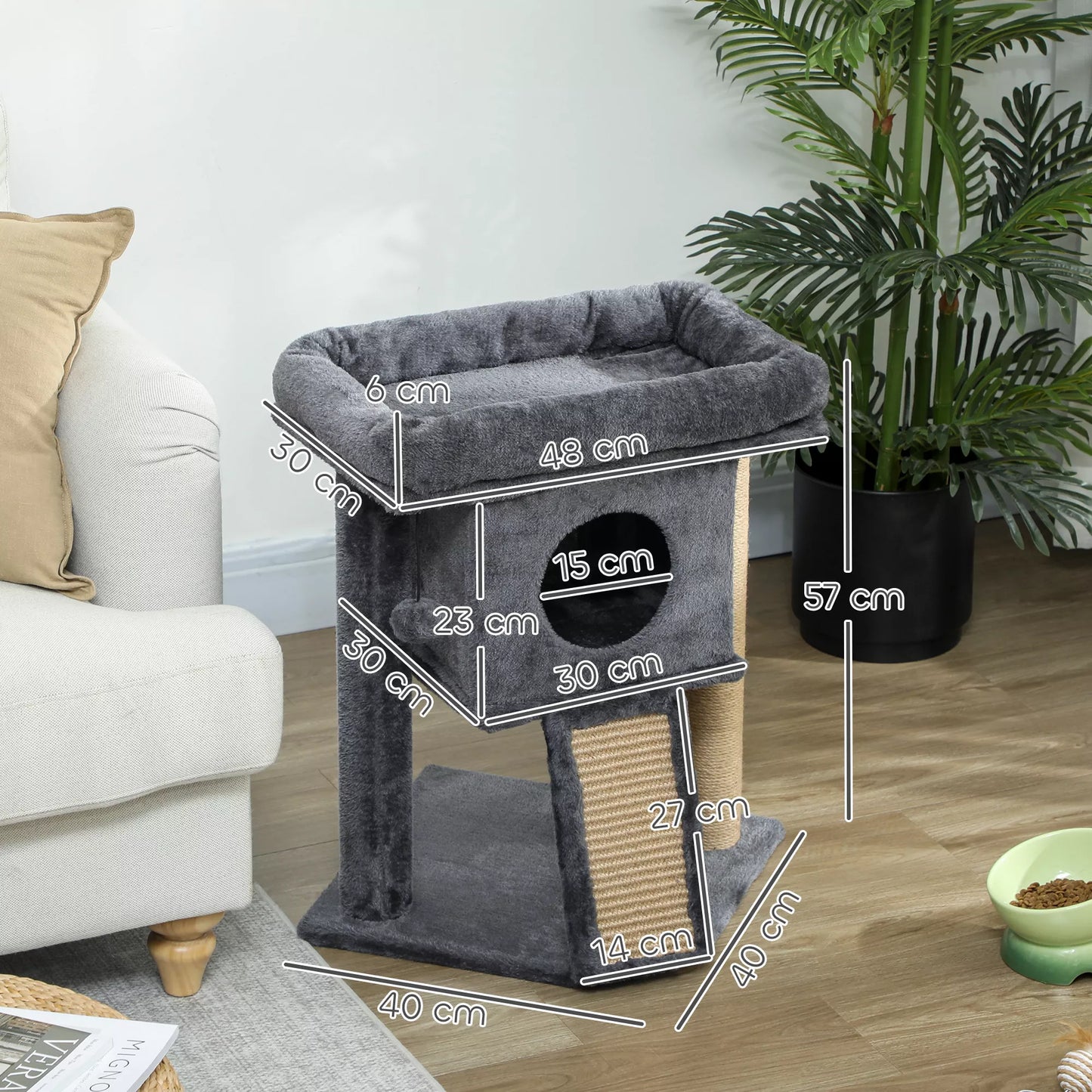 Katės medis su džiuto draskykle, miego platforma, žaidimo kamuoliuku, kačių nameliu, smėlio spalvos, 40 x 40 x 57 cm