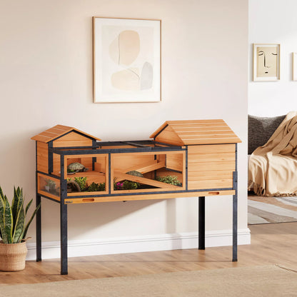 Bruņurupuču māja, mazu dzīvnieku aploks, 2 istabas, 2 stāvi, logi, rampas, aksesuāri, koks, tērauds, dzeltena