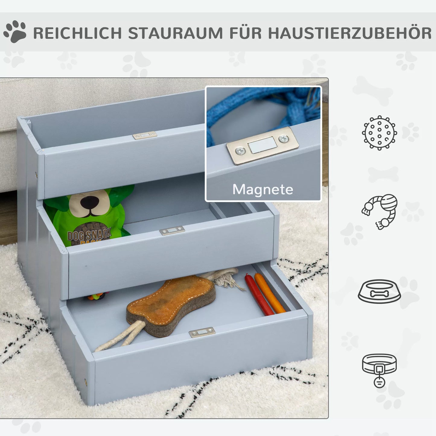 3 pakopų šunų laipteliai, 38 cm aukščio, naminių gyvūnėlių laipteliai, skirti mažiems ir vidutinio dydžio šunims, katelių laipteliai, šunų rampa, pagalbinė priemonė įlipimui į lovą, sofą, fotelį ir automobilį, pilkos spalvos