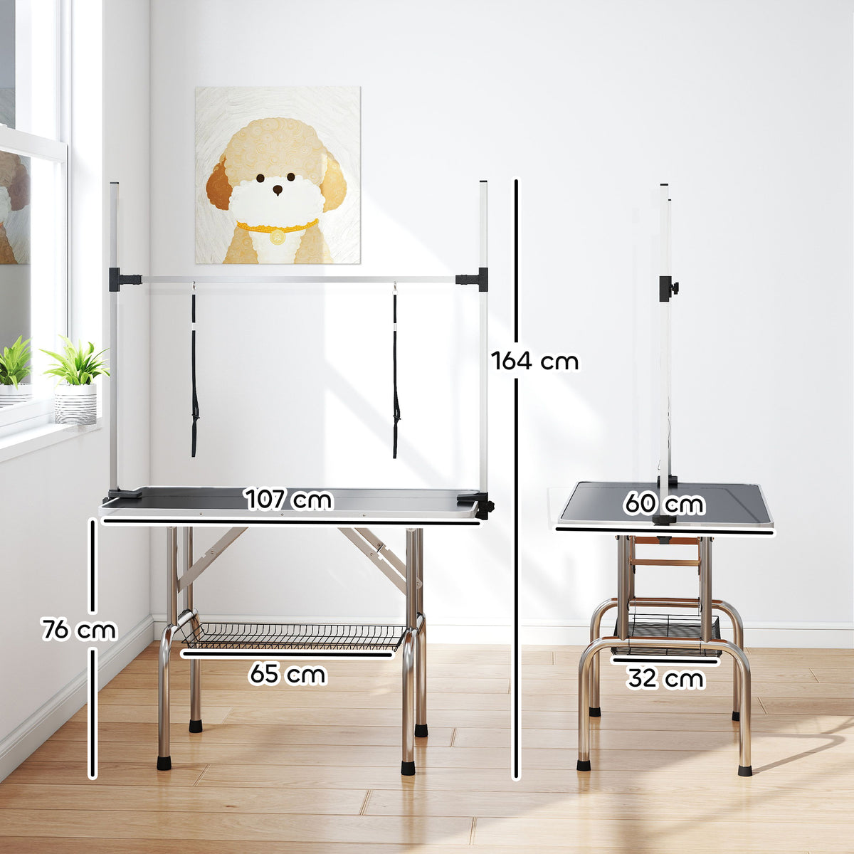 Kirpimo stalas šunims ir katėms 107x60 cm, sulankstomas, su laikikliu ir apatiniu krepšiu, iki 100 kg, juodas
