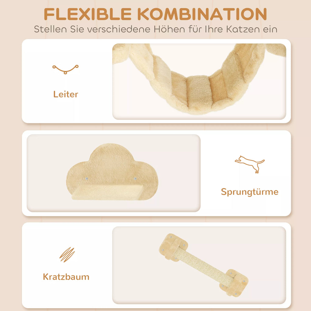 5 dalių kačių laipiojimo komplektas su draskomaisiais stulpais, šokinėjimo platformomis, kopėčiomis, nameliu, tvirtinimu prie sienos, smėlio spalvos