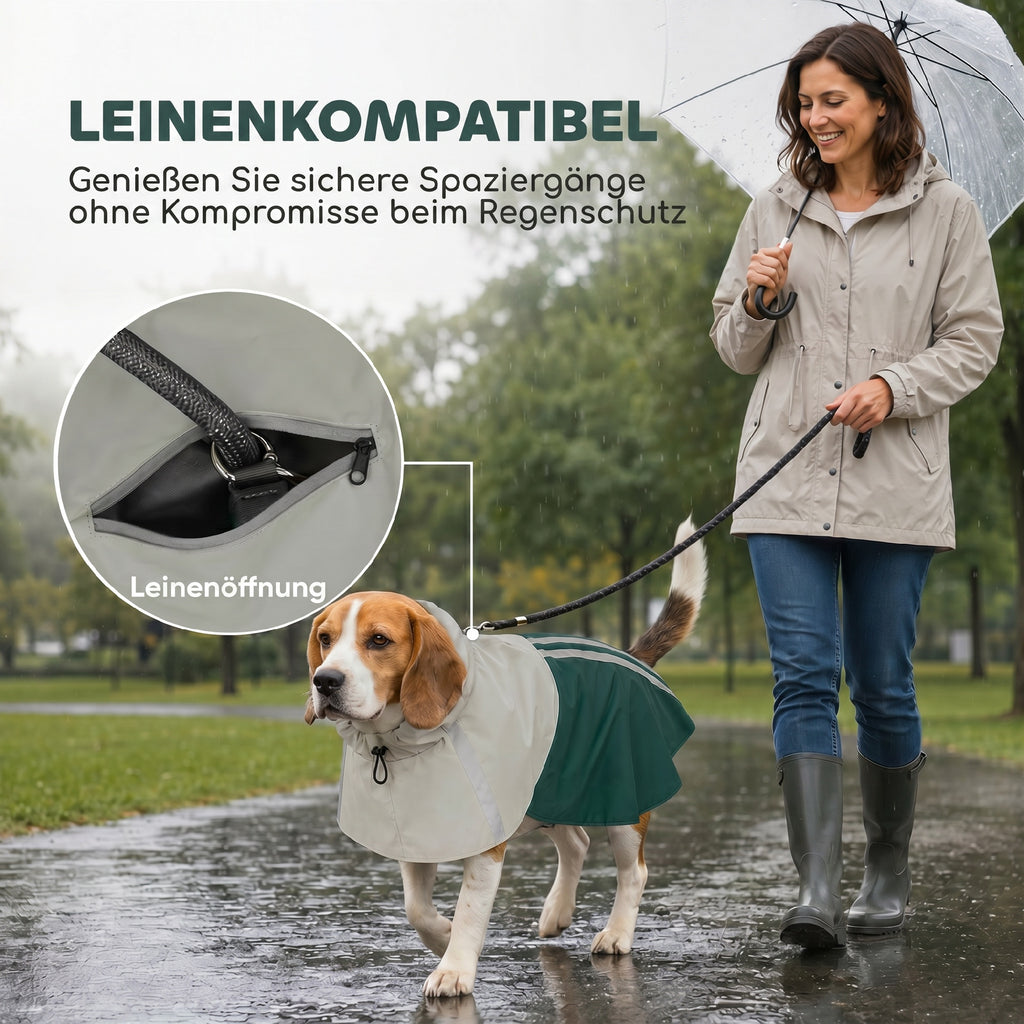 Lietpaltis šunims 15–20 kg, neperšlampamas, su gobtuvu, atšvaitais ir anga pavadėliui, žalias