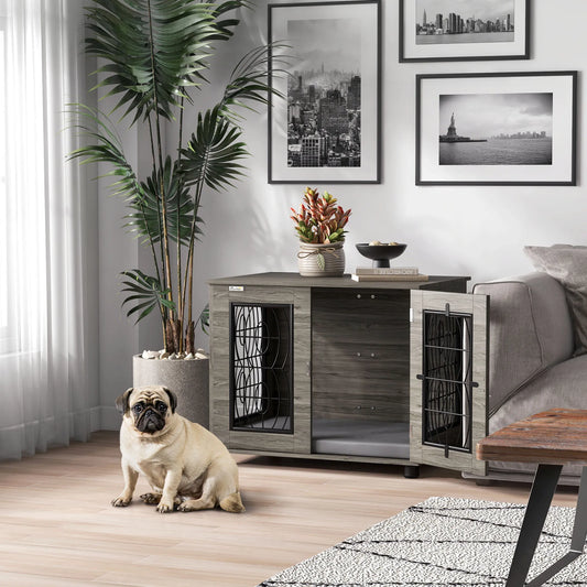 Šunų dėžė su miego pagalvėle, iki 20kg/50cm kūno ilgio, metalinė, 80x56x63cm, pilka/medžio raštas