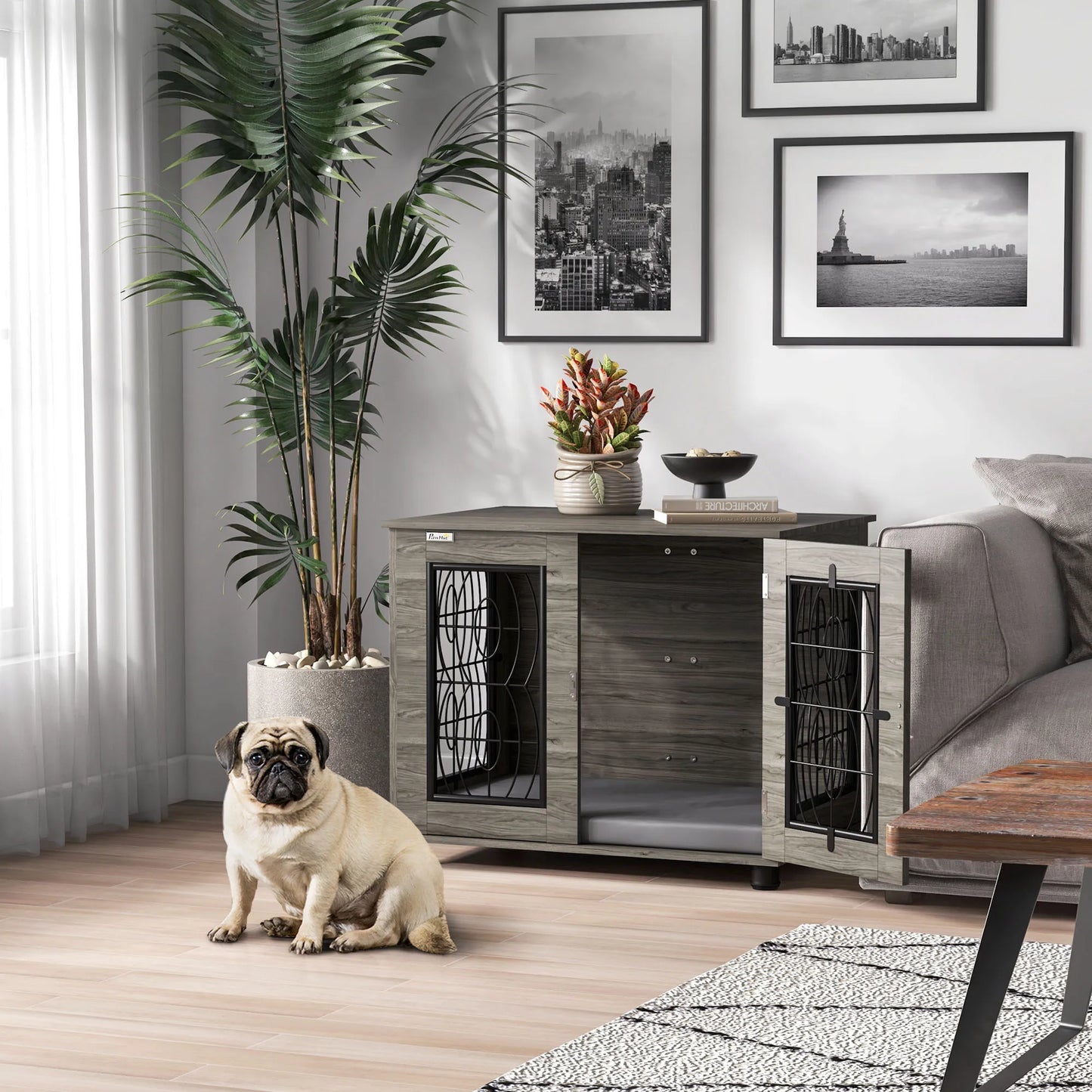 Šunų dėžė su miego pagalvėle, iki 20kg/50cm kūno ilgio, metalinė, 80x56x63cm, pilka/medžio raštas