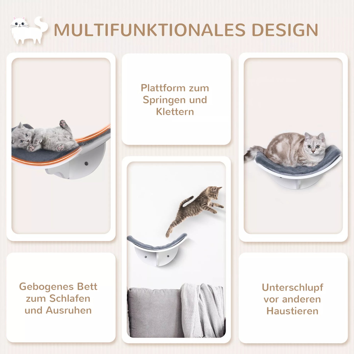 Cat bed on the wall, cat shelf with plush padding, gray, 41 x 28 x 21 cm