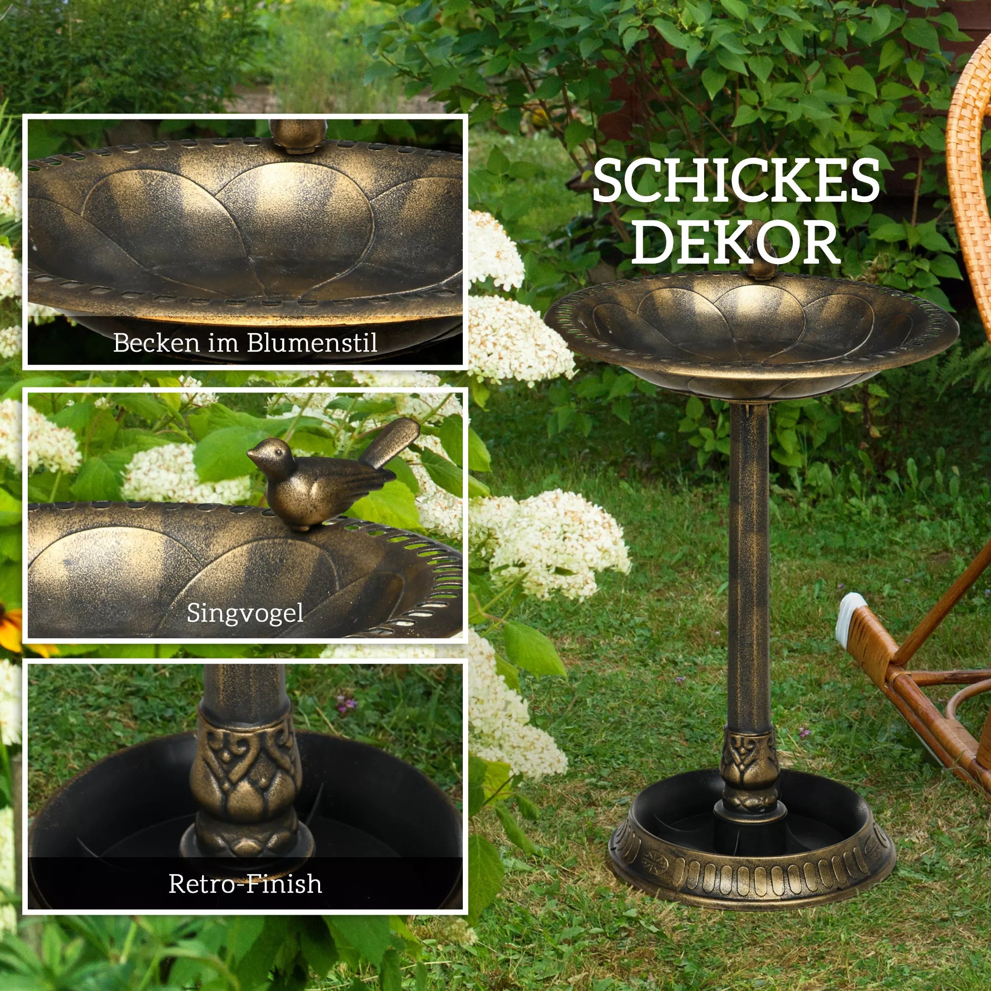 Paukščių girdykla, paukščių vonia su statulėle, gėlių motyvas, 2 baseinai, plastikas, senovinis stilius, 50B x 72H cm, bronzos spalvos