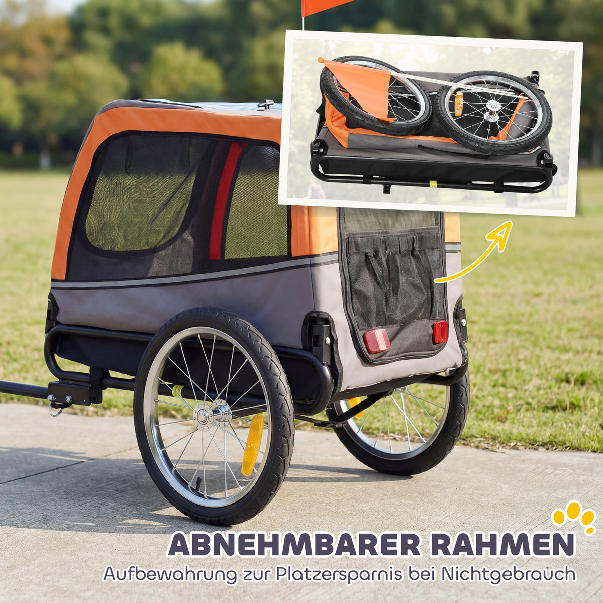 Dviračio priekaba šunims iki 20 kg, sulankstoma, su atšvaitais ir vėliavėle, 127,5x57,5x75,5 cm, oranžinė
