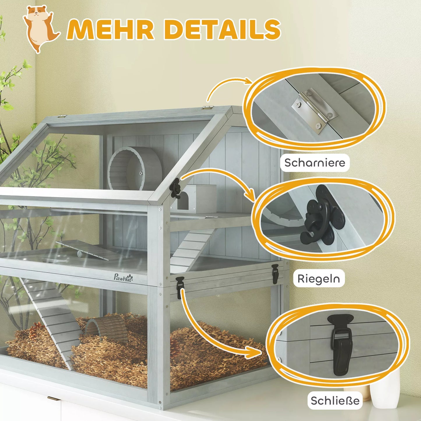 Koka māja kāmīšiem, 3 stāvu ar lielu dibenu, noņemamiem līmeņiem, maziem dzīvniekiem, 80x50x76cm, gaiši pelēka